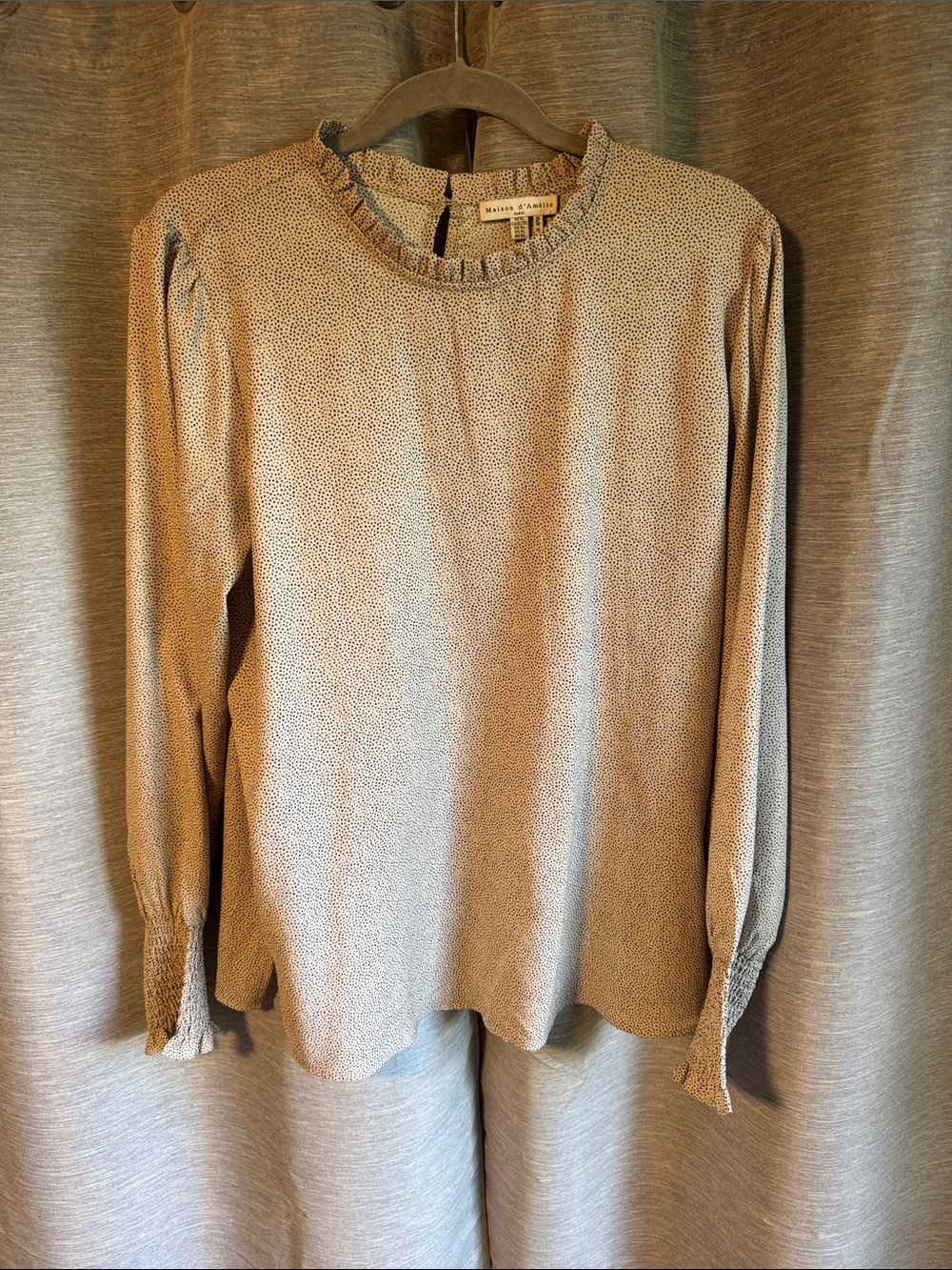 Women's Beige Printed Long-Sleeve Ruffle Neck Blouse